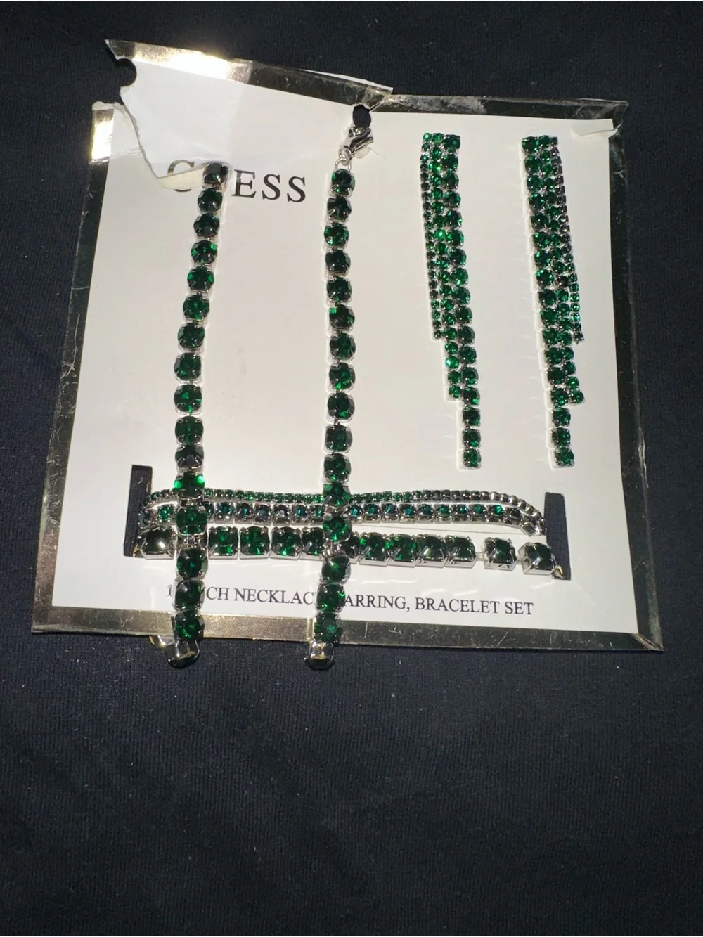 GUESS Green Crystal Bracelet, Necklace & Drop Earrings Set
